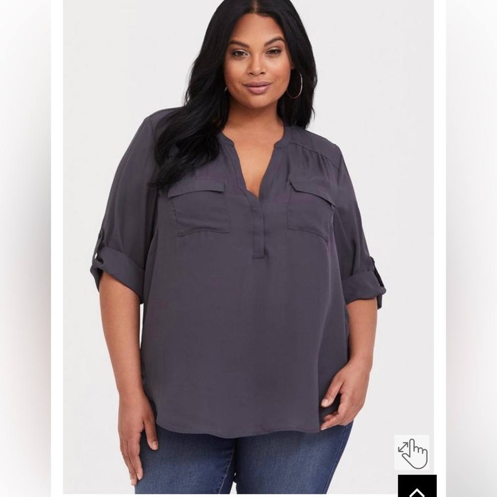 (T18) Torrid-Gray Harper Georgette Pullover 3/4 Sleeve Blouse